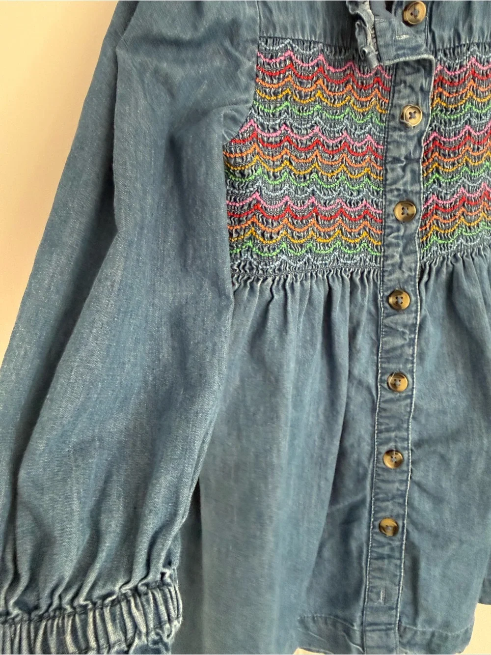 Mini Boden Light Blue Denim Dress with Multicolor Smocking